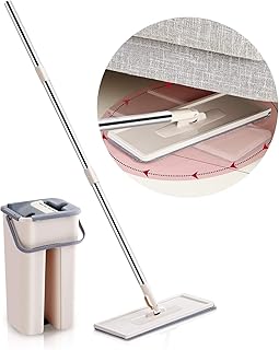 Flat Mop Bucket Set 360° Rotation Hands Free Flat Mop Self-Wash and Squeeze Dry Flat Mop for Bathroom Kitchen Washing Room Livingroom Tile and Hardwood Floor Cleaning Comes with Two Mop Cloth