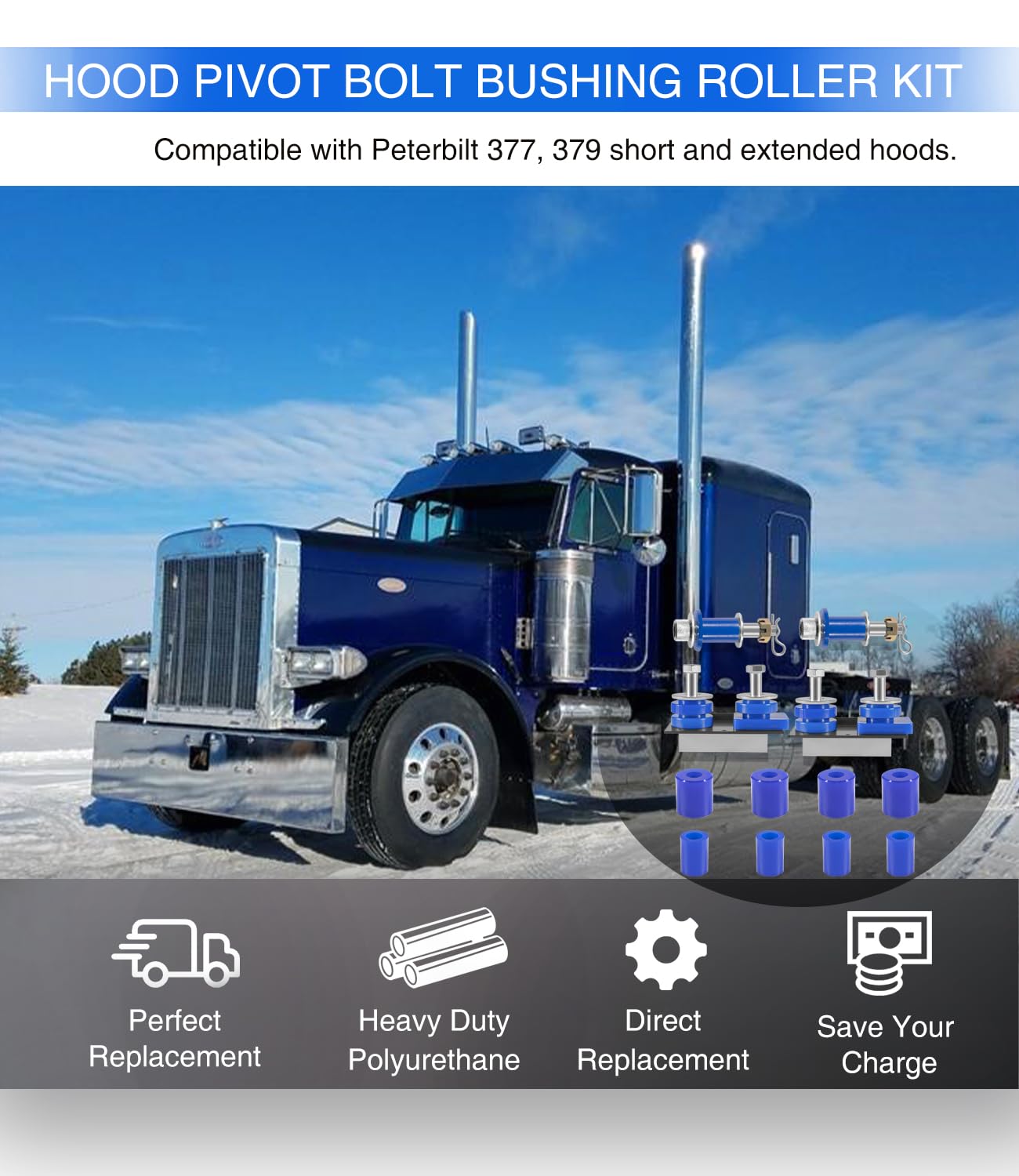 Engine Hood Hinge Pivot Bolt Kit & Hood Roller Bushings for Peterbilt 379, 377