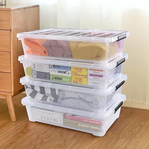 Miniatura 5 de Hespama Contenedor de plástico de 40 cuartos de galón con ruedas, 4 paquetes de caja de almacenamiento grande con pestillo, transparente