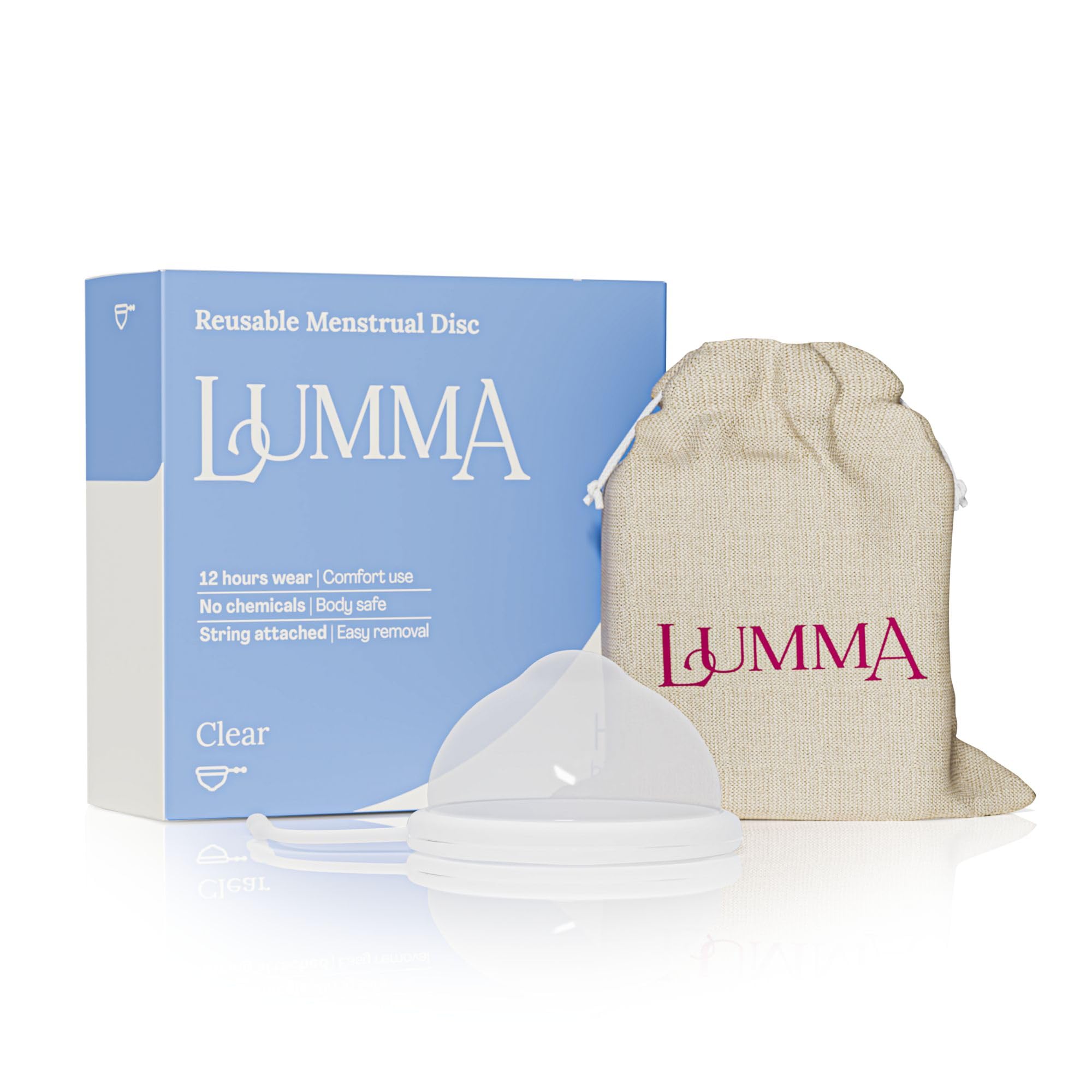 LUMMA Menstrual Disc - Includes Carrying Pouch & Silicone String for Easy Removal - Leak-Proof Comfortable & Sustainable Choice to Tampons - Reusable Medical Grade Silicone - Transparent, Short Cervix