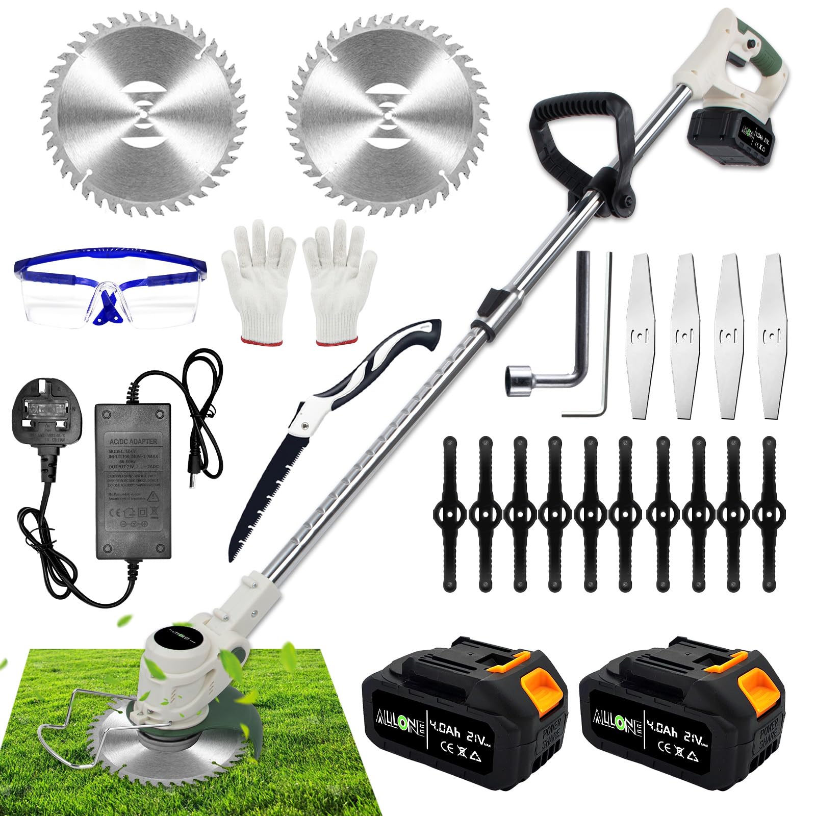 Grass Strimmer Cordless with Metal Blades,21V 4000mAh Battery Powered Grass Trimmer Lightweight Garden Brush Cutter Lawn Edger,Electric Strimmers,3 in 1 Stringless Strimmer