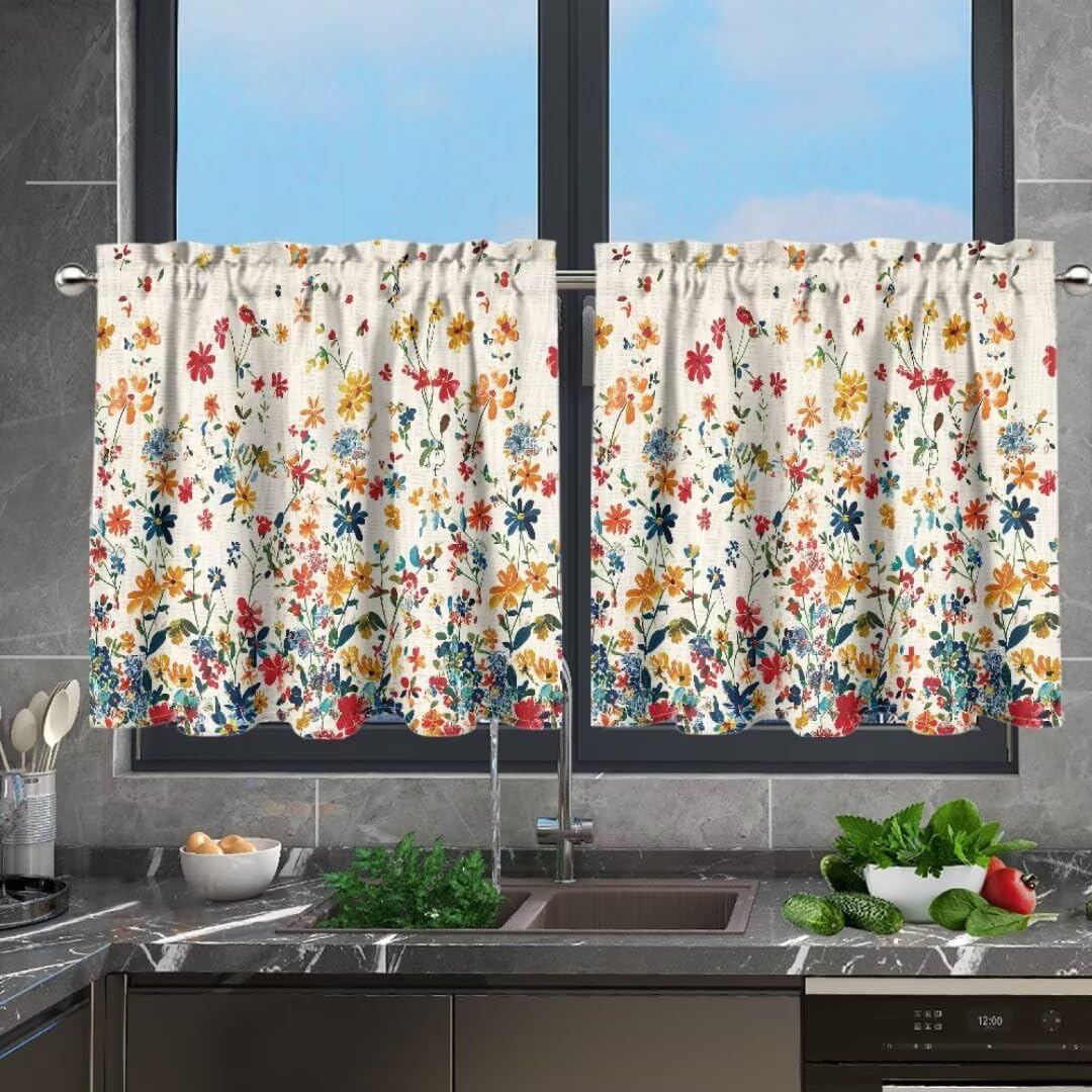 TOADDMOS 2PCS Fashion Kitchen Tier Curtains Wild Floral Flowers Farmhouse Half Curtains 2 Pack Cafe Bar Window Curtains for Living Room Bedroom Bathroom,Rod Pocket,27.5Wx35.8L