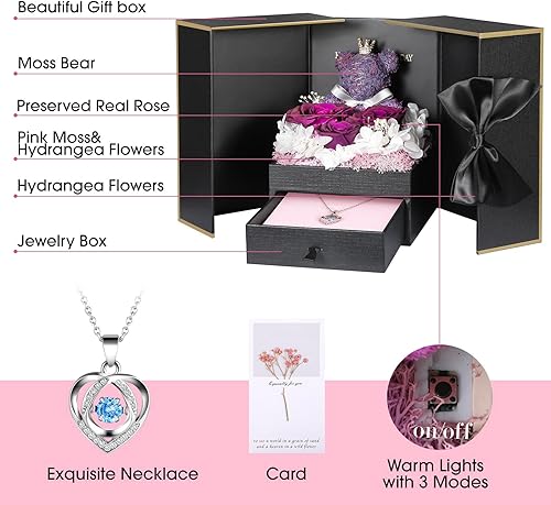 Miniatura 56 de ADDWel Rose Gifts for Women - Preserved Real Roses Forever Purple Flowers with I Love You in 100 Languages Necklace and Cute Moss Bear for