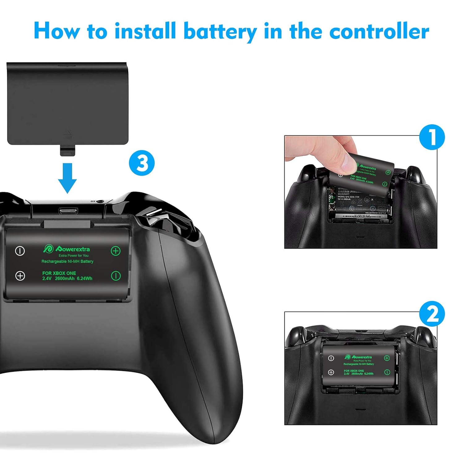 Powerextra 2600mAh 2 Pack Battery and Dual LCD Charger Kit Compatible with Xbox Series X|S/Xbox One/Xbox One S/Xbox One X/Xbox One Elite