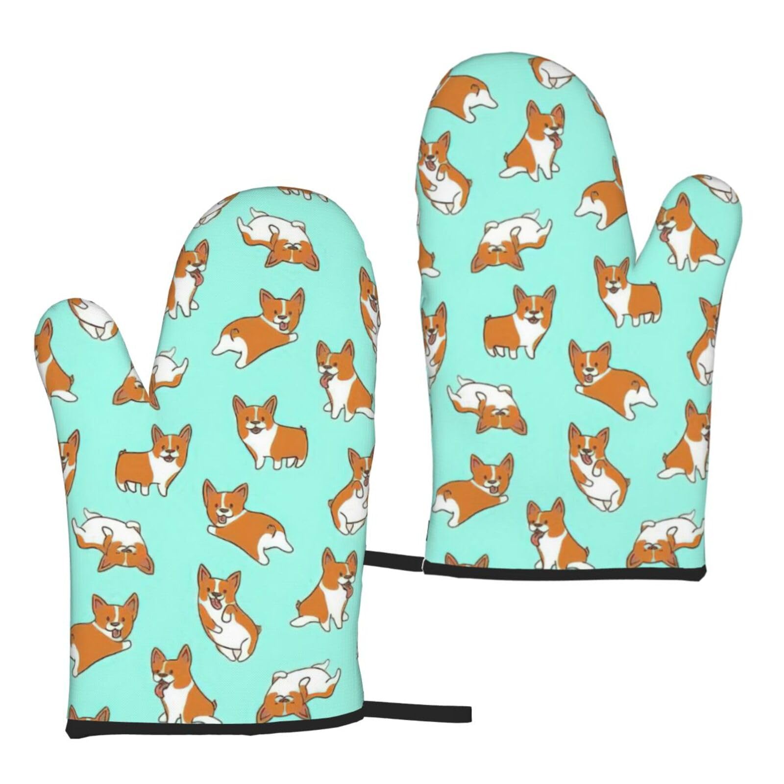 Nimongt Women's Black Corgi Cute Dog Print Adults Universal Fit Heat Resistant Oven Gloves Reusable Cooking Outdoor Grilling