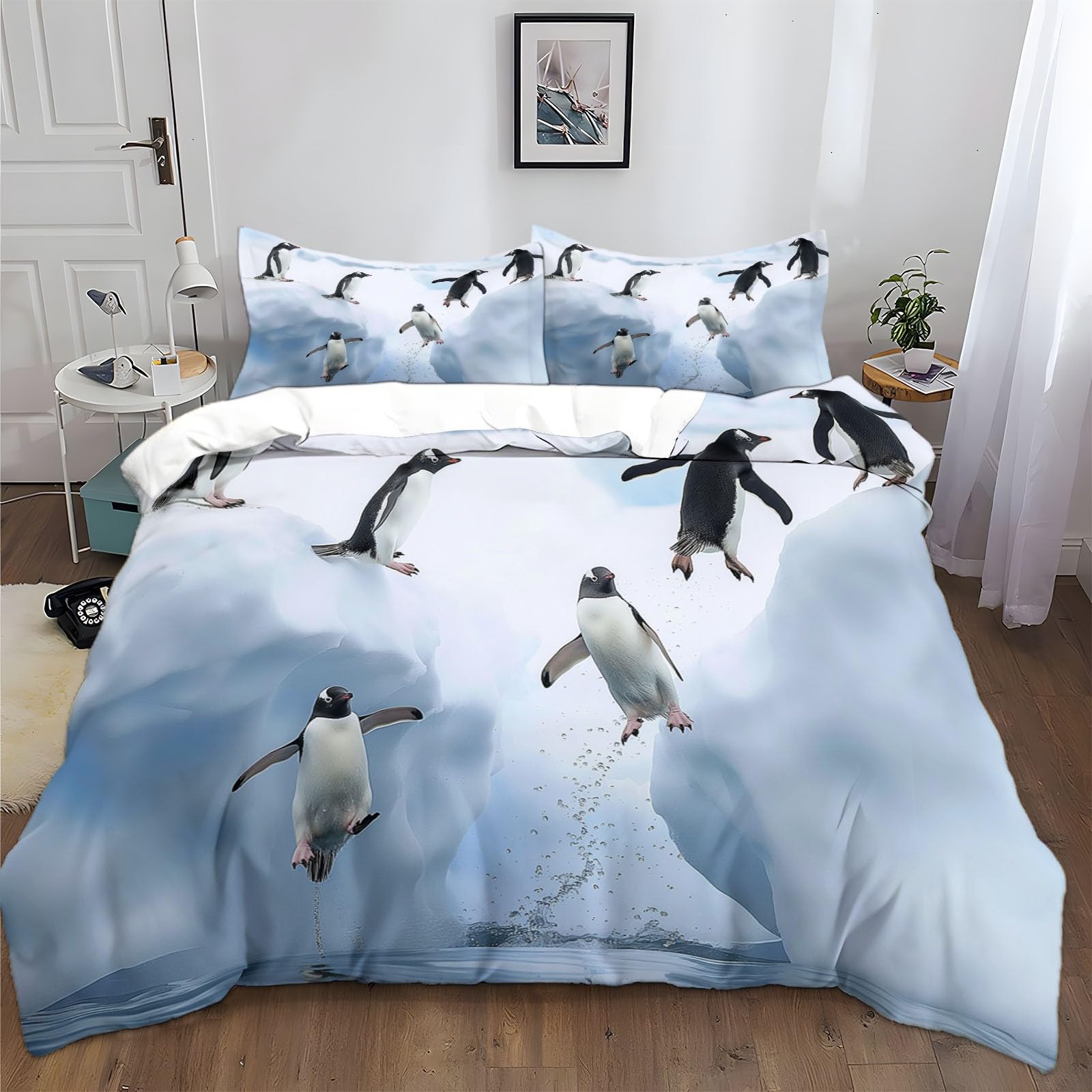 Housse de couette pingouins 220x240 cm parure de lit microfibre avec 2 taies