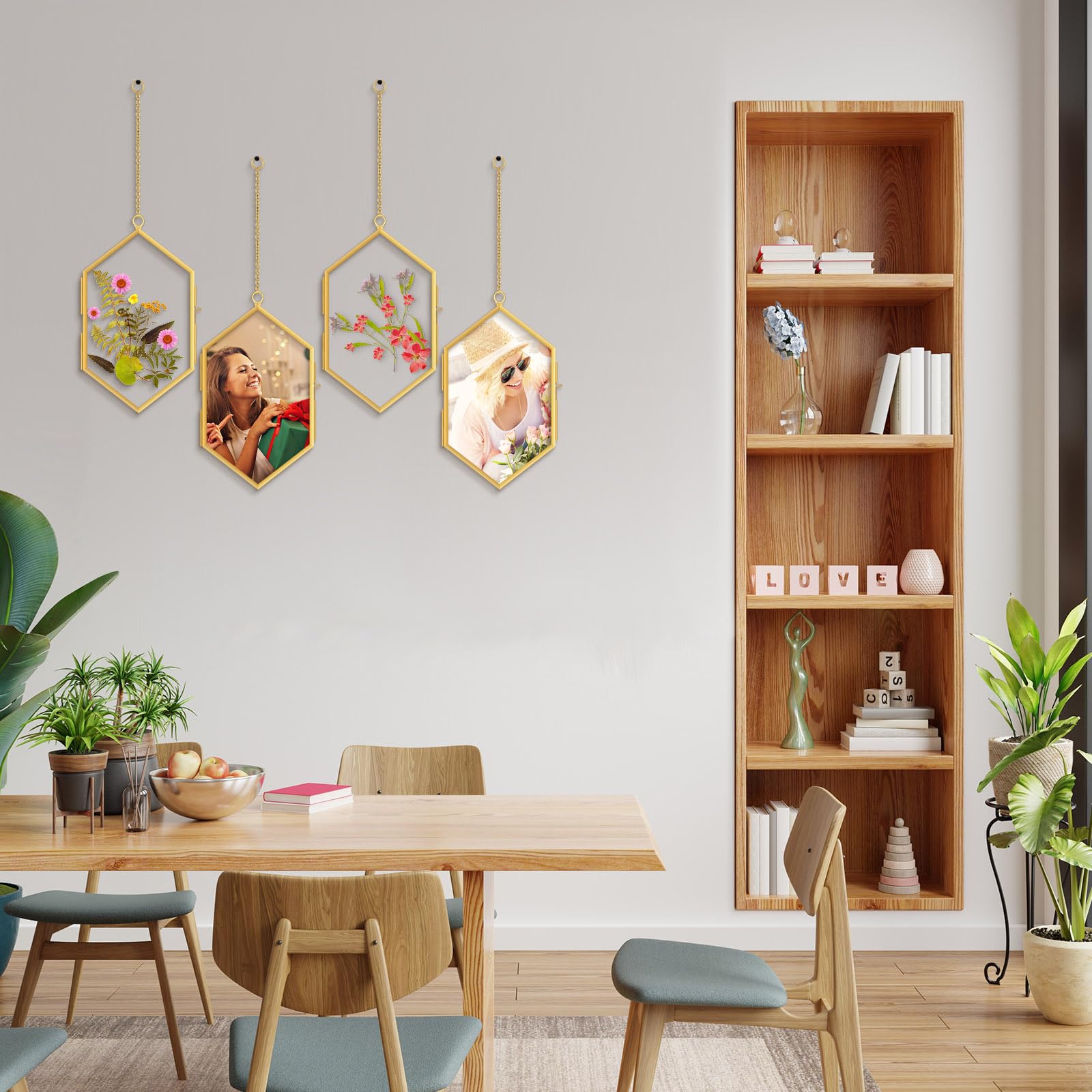 Qunclay 4 Stück schwebender Blumenrahmen zum Aufhängen, gepresster Blumenrahmen, DIY, sechseckiges Glas mit Kette, doppeltes schwimmendes Bild, geometrische Wanddekoration für Bild in der Heimgalerie
