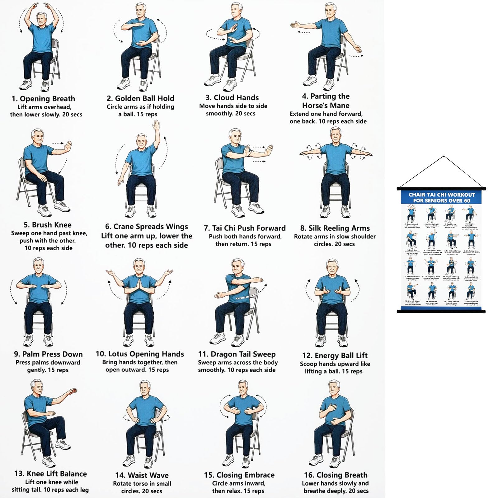 CBWERBB Chair Tai Chi Workout Wall Chart,Tai Chi Exercise Guide for Seniors