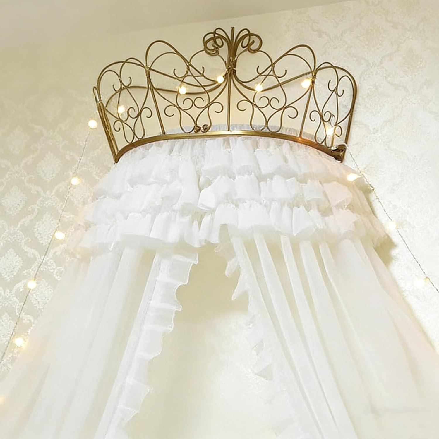 BK&MF Dreamy Pink Princess Crown Bed Canopy for Girls Room, Double Layer Lace Mosquito Net with Star Lights Hanging Easy Installation for Bedroom Decorative,D,135cm(54") Double