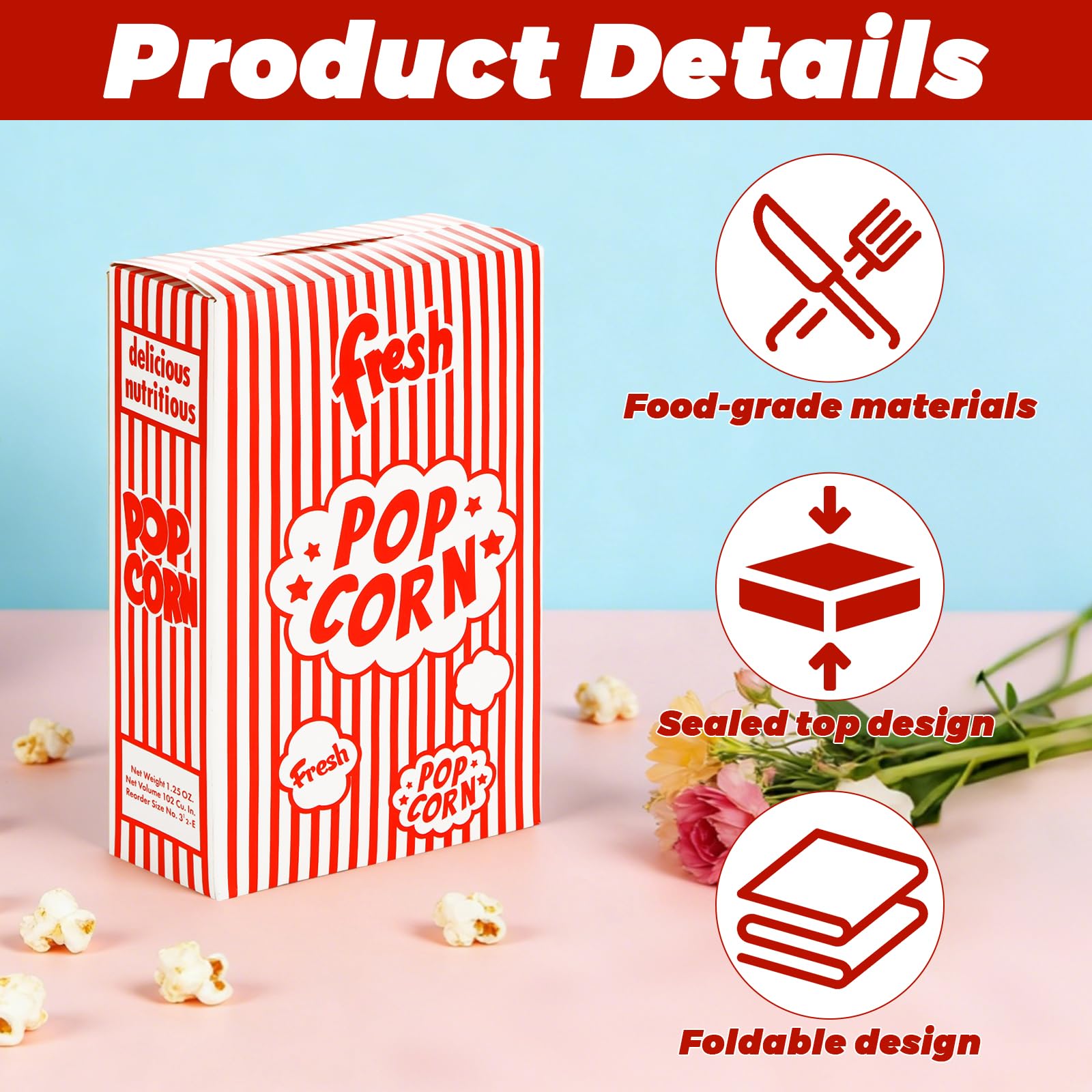 200 cajas desechables de papel para palomitas de maíz, 5 x 12 x 19 cm, bolsas de maíz a granel, porciones individuales, recipientes de palomitas de maíz a rayas rojas y blancas para fiestas