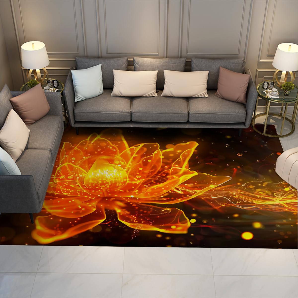 Tapis de salon Golden Lotus lavable pour chambre et appartement