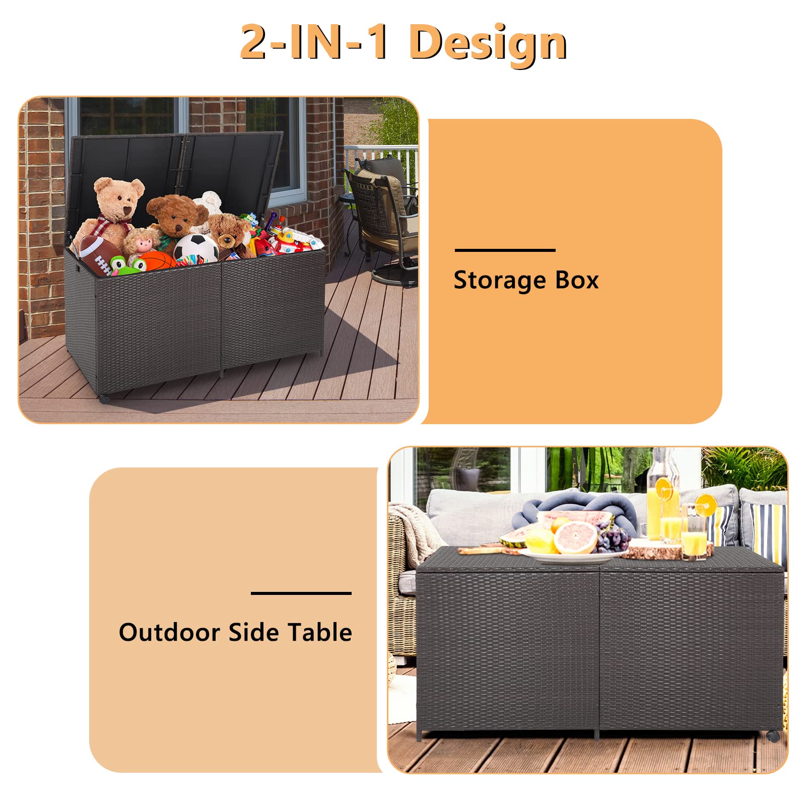 KOMFOTTEU Caja de Almacenamiento de 662 L con Tapa, Baúl de Jardín de Ratán con 2 Ruedas, Arcon Exterior con Asas para Balcón, Terraza, Patio, 150 x 77 x 73 cm