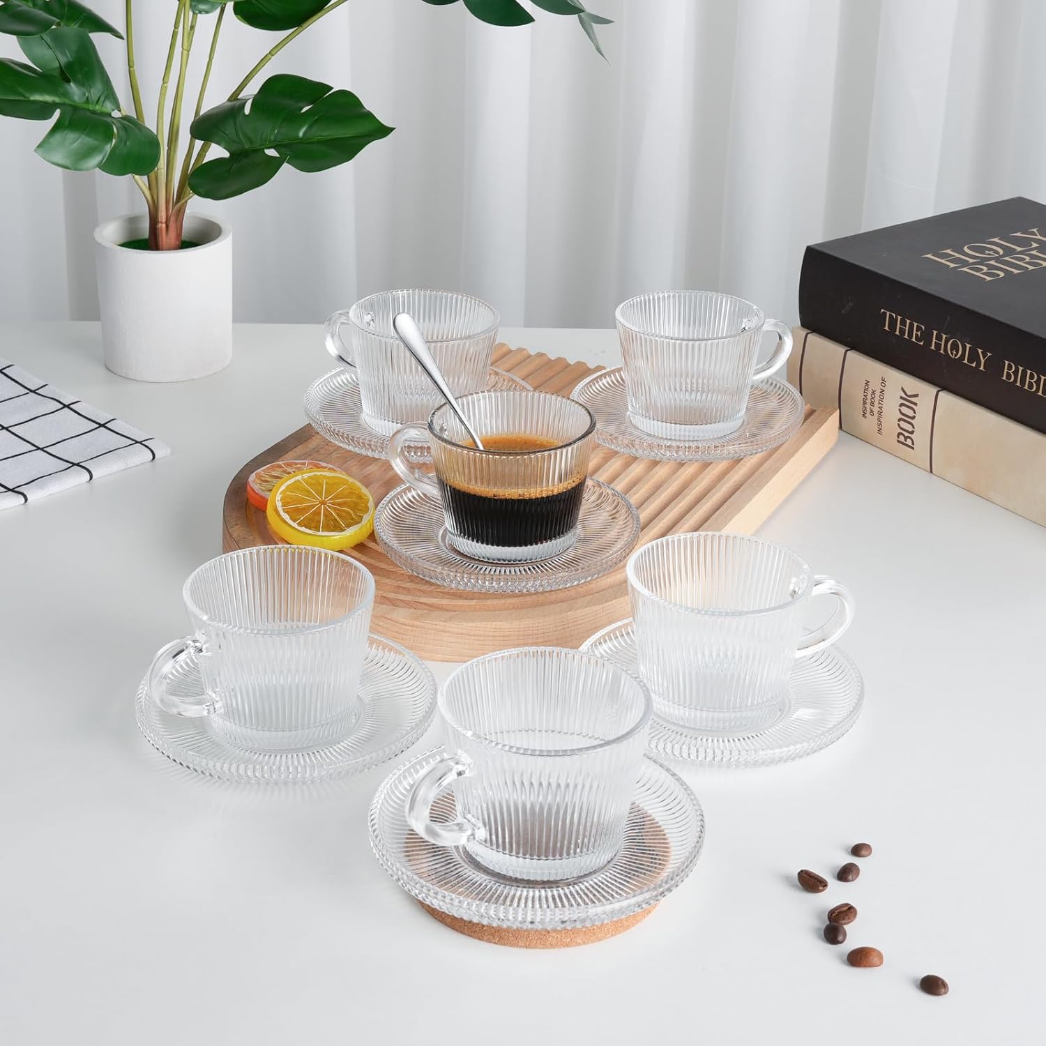 Glass Espresso Shot Cups with Saucers Set of 6, Clear Small Demitasse Cup with Stainless Steel Spoons, Dishwasher Safe Coffee Mugs for Tea Hot Chocolate Cappuccino, 5OZ/150ML, Stripe