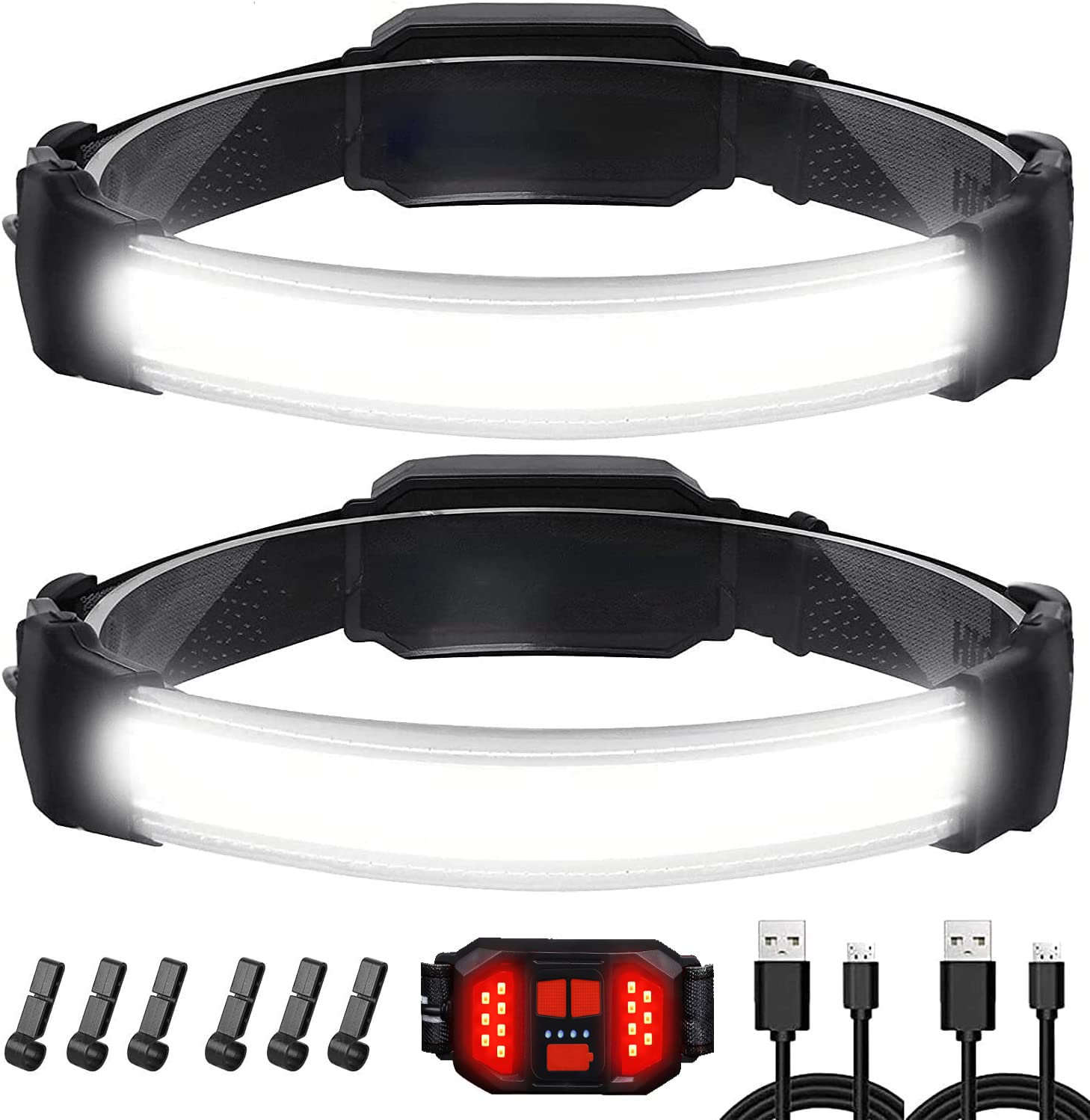 Head Torch,2 Packs LED Super Bright 1500 Lumens USB Rechargeable Head Torch,260° Wide Beam Headlamp,IPX6 Waterproof and Red Taillight(Independent ON and OFF) Headlight,for Camping,Fishing,Hiking