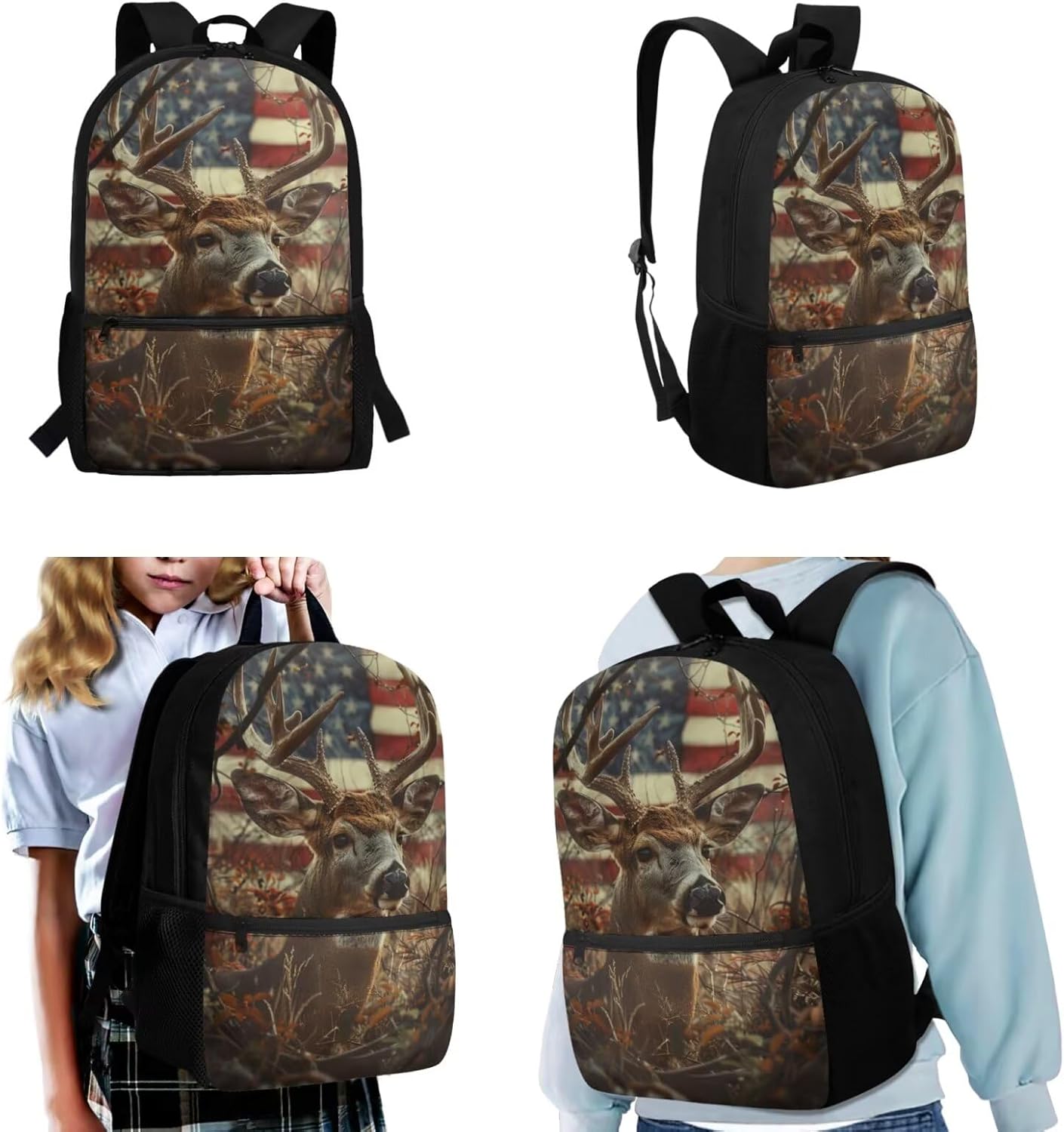 Hunting Deer School Backpack for Boys 5-8 9-12 Elementary School Bag with Lunch Box Pencil Case American Flag Bookbag Middle High College Students Child Bagpack Satchel Daypack