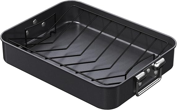 CHEFMADE Roasting Pan, 16-Inch Non-Stick Turkey Roaster Lasagna Pan with Rack - Rectangular Deep Dish Chicken Roaster Pan 16.3" x 12.52" x 3.11"Black