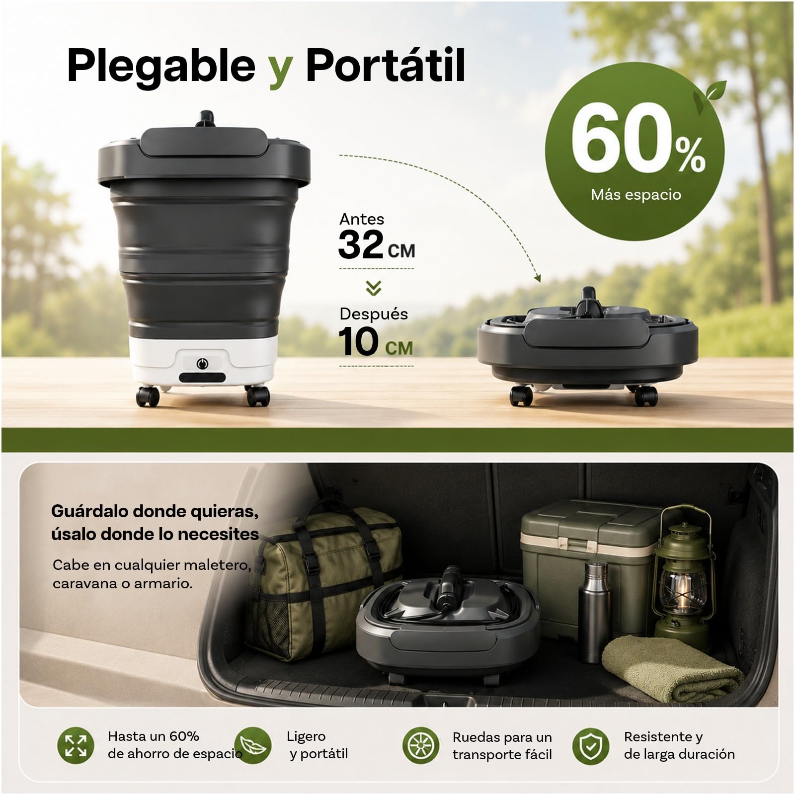 Hidrolimpiadora Portátil Plegable con Depósito de Agua 12L de WanderS – Inalámbrica, Ruedas, Boquilla 4 en 1 y Función de Pulverización Eléctrica – para Coche, Camping, Jardín, Mascotas y Hogar