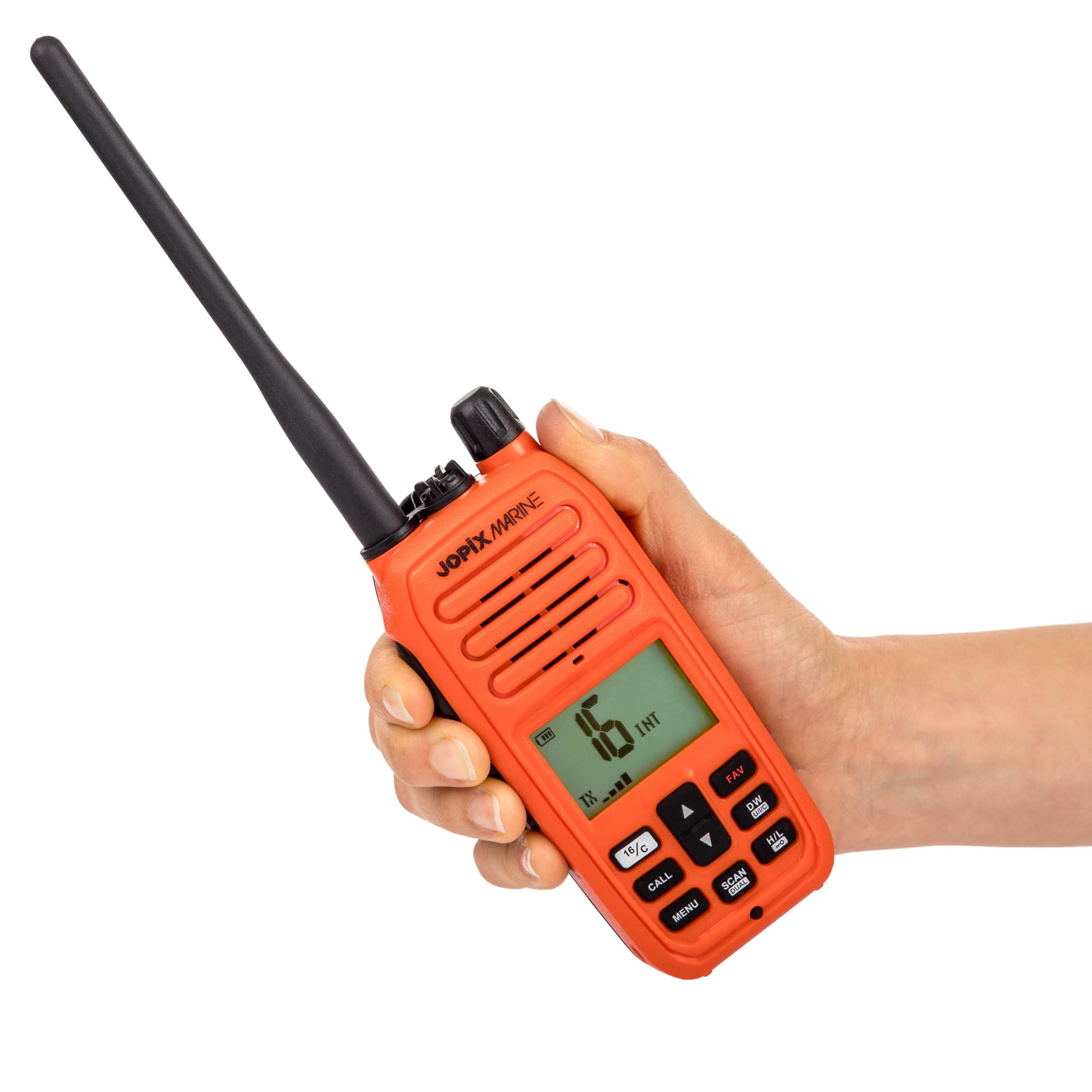 Jopix Marine 616P Arancione Walkie-Talkie Marino VHF Galleggiante, Impermeabile IP67, Potenza 5W, Riduzione Rumore NCR, Schermo LCD Multicolore, Omologato Marina Mercante
