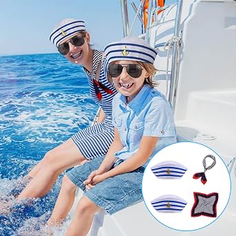 SSKHE 4pcs Captain Sailor Costume Set,Stripes Sailor Hat and Scarf Set,Yacht Captain Cap,navy dress accessories,Navy Outfit Dressing,sailor and captain costume accessories for Women Men Costume