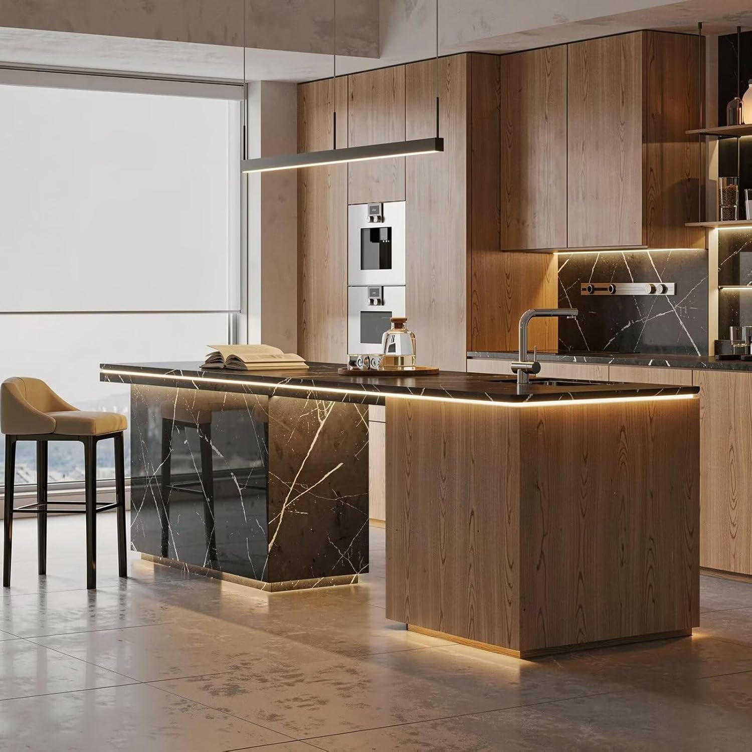 Kitchen Island with Storage - Kitchen Island Table with Rock Solid Slab Top, Modern Bar Includes Storage Cabinet,Under Cabinet Lighting,for 2 People (78.74IN No Chairs)