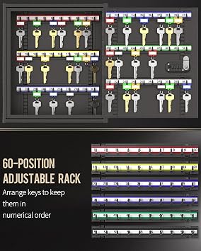 Uniclife 60 Position Key Cabinet with Combination and Key Lock Resettable Black Digital Security Storage Box Key Organizer with Adjustable Racks Colorful Key Tag Labels and Hooks