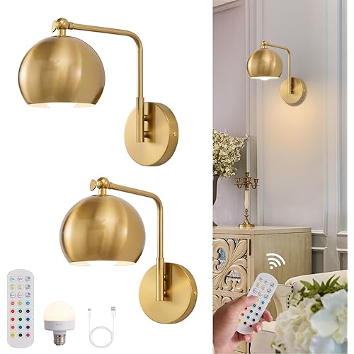 Gold Battery Operated Wall Sconces Set of 2, Rechargeable Wireless Wall Light Fixture with Remote, Cordless Battery Powered Wall Decor Lighting Lamp for Bedroom Living room, Dimmable