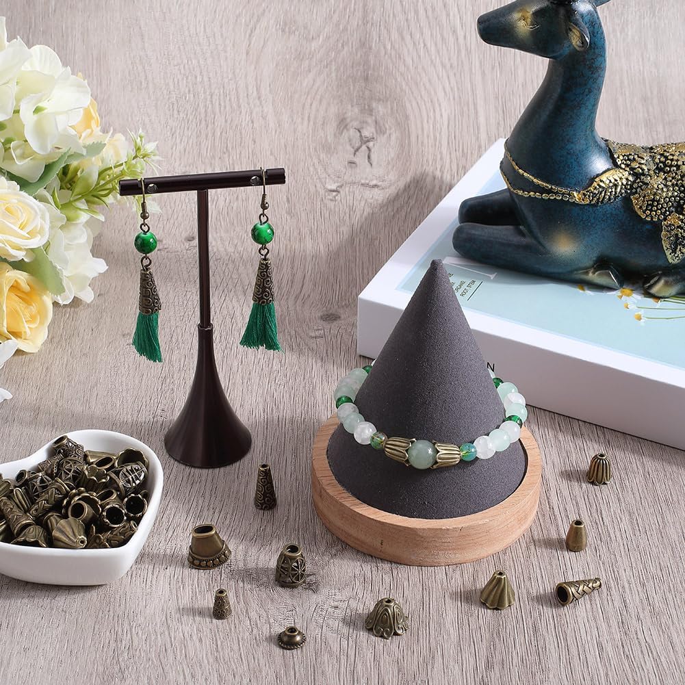 100Pcs 10 Styles Flower Bead Caps Cone Bead Spacers Tibetan Style Antique Bronze Flowers Tassel End Caps Supplies for Jewelry Making Women DIY Crafting Findings Earrings Accessories