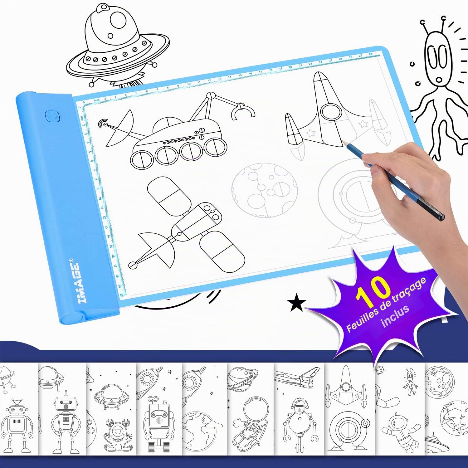IMAGE Tableau lumineux pour le traçage, planche lumineuse, tablette de dessin, planche à colorier pour les enfants, filles et garçons (comprend 10 feuilles traçables et deux clips) (Bleu)