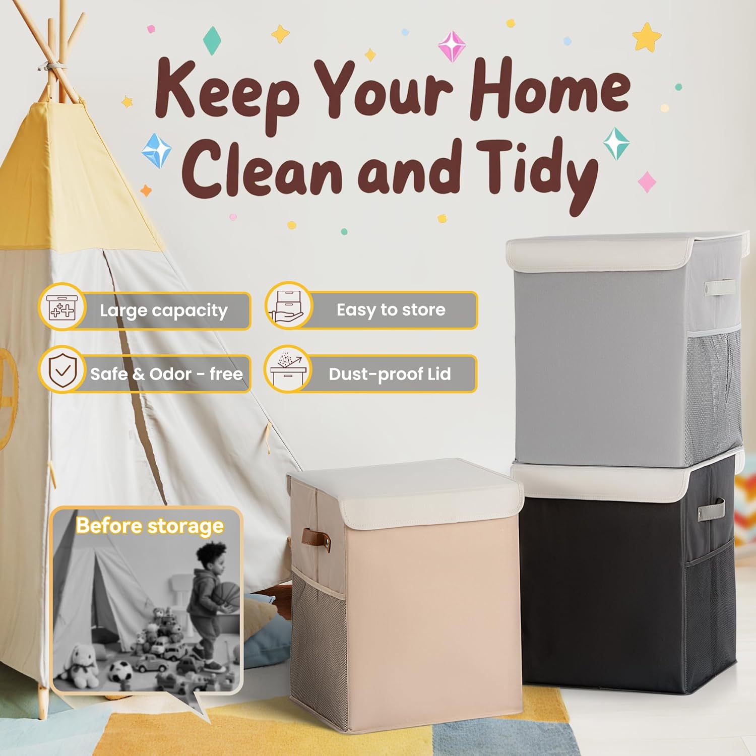 40L Large Toy Storage Box with Lid, Large Toy Box Chest for Kids, Girls and Boys, Nursery Room and Living Room, 13"x13" x16" - Black