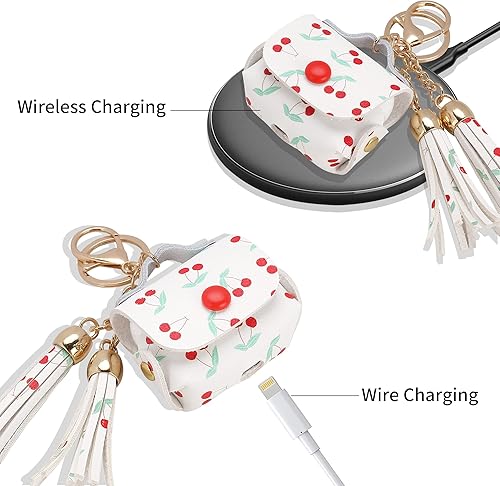 Miniatura 4 de MODOS LOGICOS Funda para AirPods 3 (2021), funda de piel sintética con borlas compatible con Apple AirPods de 3 generación, color cereza blanca