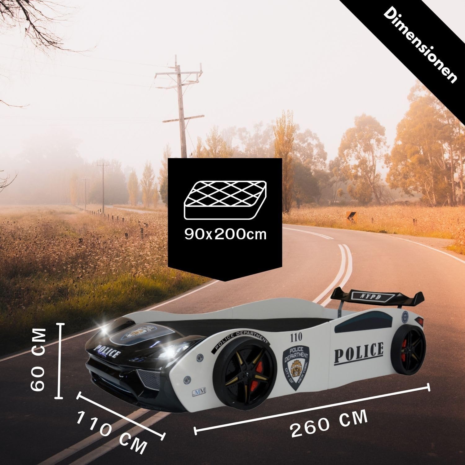 Coemo Kinder Autobett V2 Police Kinderbett 90x200 im Rennwagen super Streifenwagen Design mit LED Beleuchtung und Lattenrost für Jungen und Mädchen - Betten Farbe Weiß