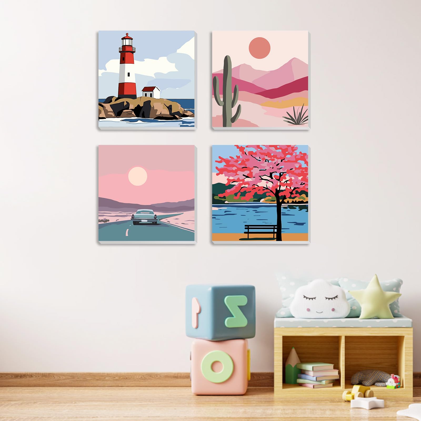 MXJSUA Lot De 4 Kits Peinture Par Numéros – Père Noël & Manchots – Toiles 20x20cm Avec Cadres – Pour Enfants Débutants (dès 6 Ans)