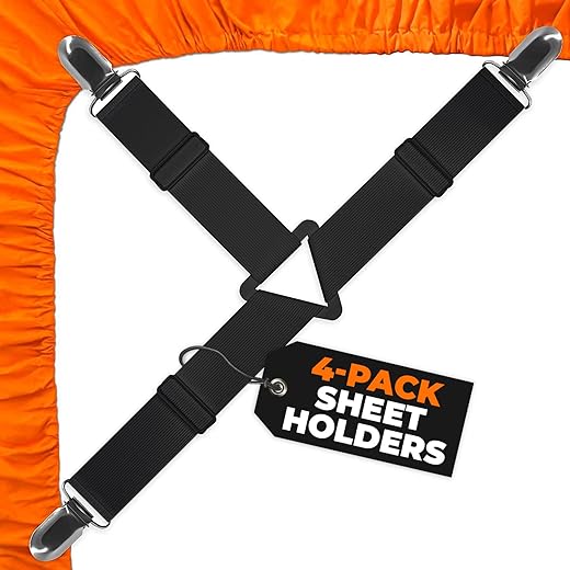 Bed Sheet Holder Corner Straps - 4 pcs White, Mattress Cover Clips to Hold Sheets in Place, Adjustable Bed Bands, Elastic Fasteners/Grippers/Suspenders Fitted for Bedding, Keepers, Bedsheet Tie Downs