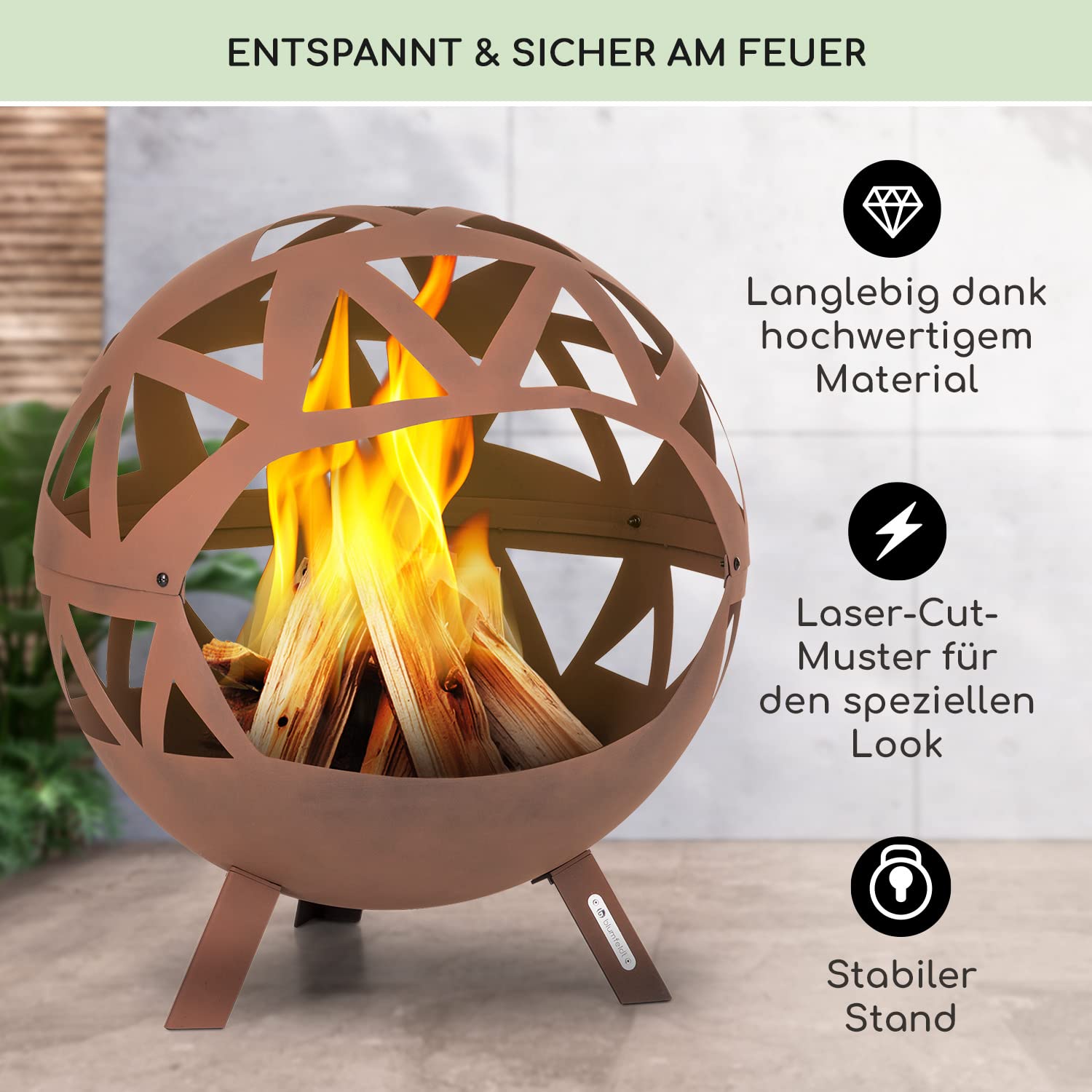 Blumfeldt Feuerschale, Robuste Outdoor Stahl-Feuerschale Groß für Balkon & Camping, Mobile 68 cm, Feuerschalen mit Standfuß, Wetterfeste für den Garten, Runde Feuerstelle