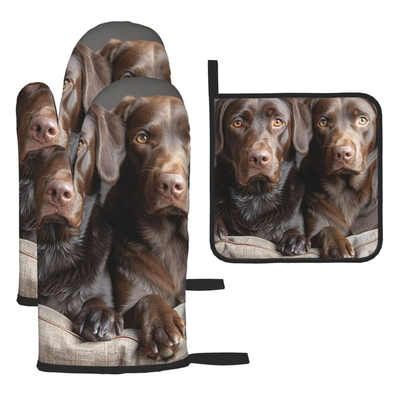 Oven Mitts and Pot Holders Set of 3 Heat Resistant Non-Slip Kitchen Gloves Hot Pads Brown Labrador Retriever Mittens Non-Slip Potholders for Cooking Baking Grilling BBQ