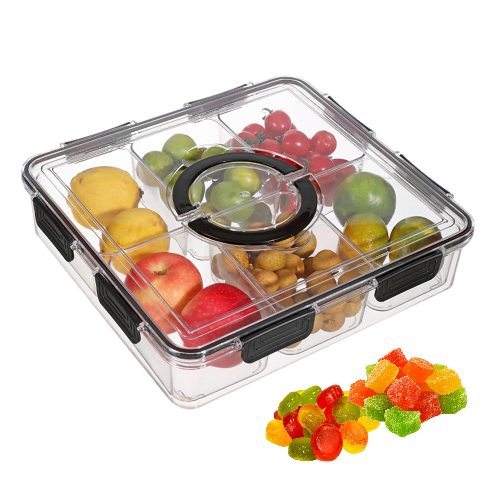 Plateau de service divisé avec couvercle – Organiseur de charcuterie avec 6 compartiments, carré de rangement des aliments, organisateur transparent pour collations, noix, bonbons