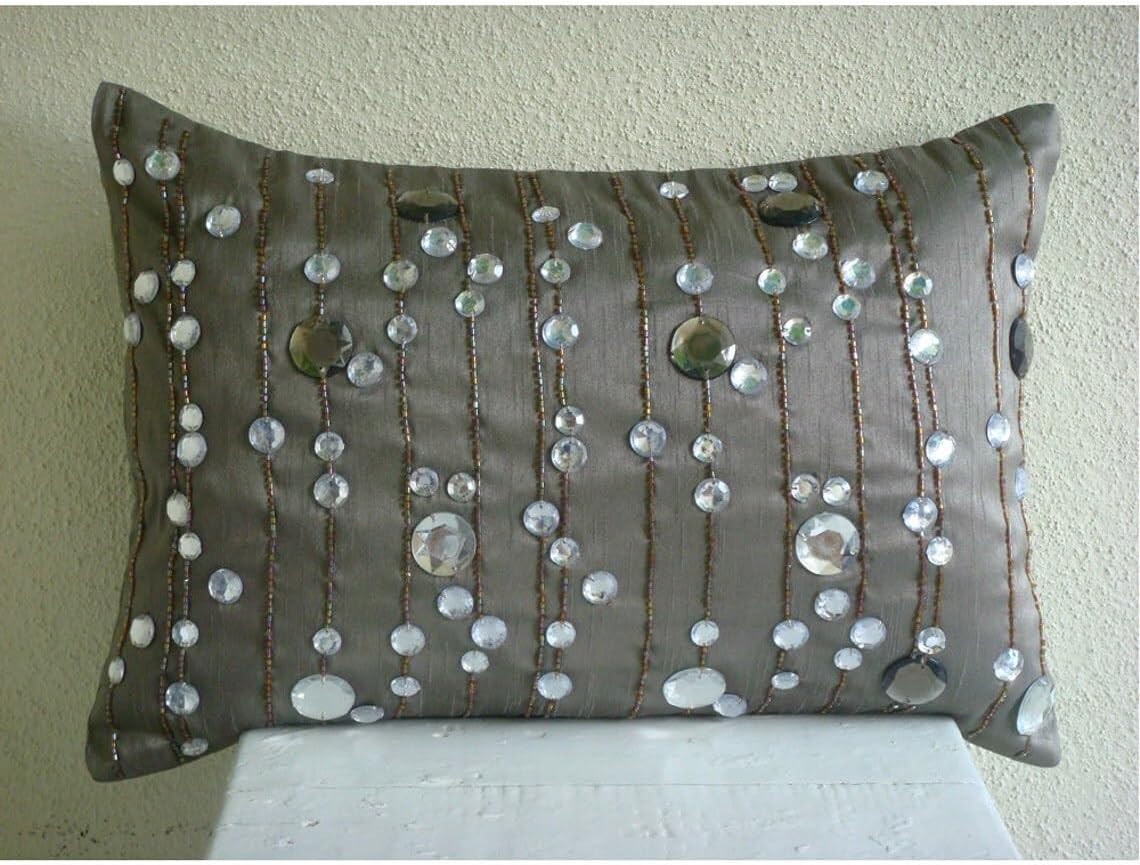The HomeCentric Pillow Cover 12x20 inch (30x50 cm) Gray, Designer Grey Lumbar Pillow Cover, Lined Crystals Sparkly Pillows Cover, Modern Lumbar Pillow Cover, Rectangle Silk Lumbar - Diamond Dreams