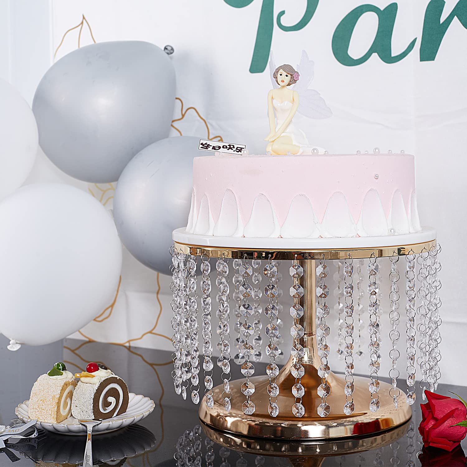 LoveCat 30,5 cm Durchmesser Kristallgold-Kuchenständer – 20,3 cm hoch, runder Dessert-Cupcake-Halter, Metall-Kuchenteller mit Kristallanhängern, eleganter Gebäckständer für Hochzeit, Geburtstag, Party