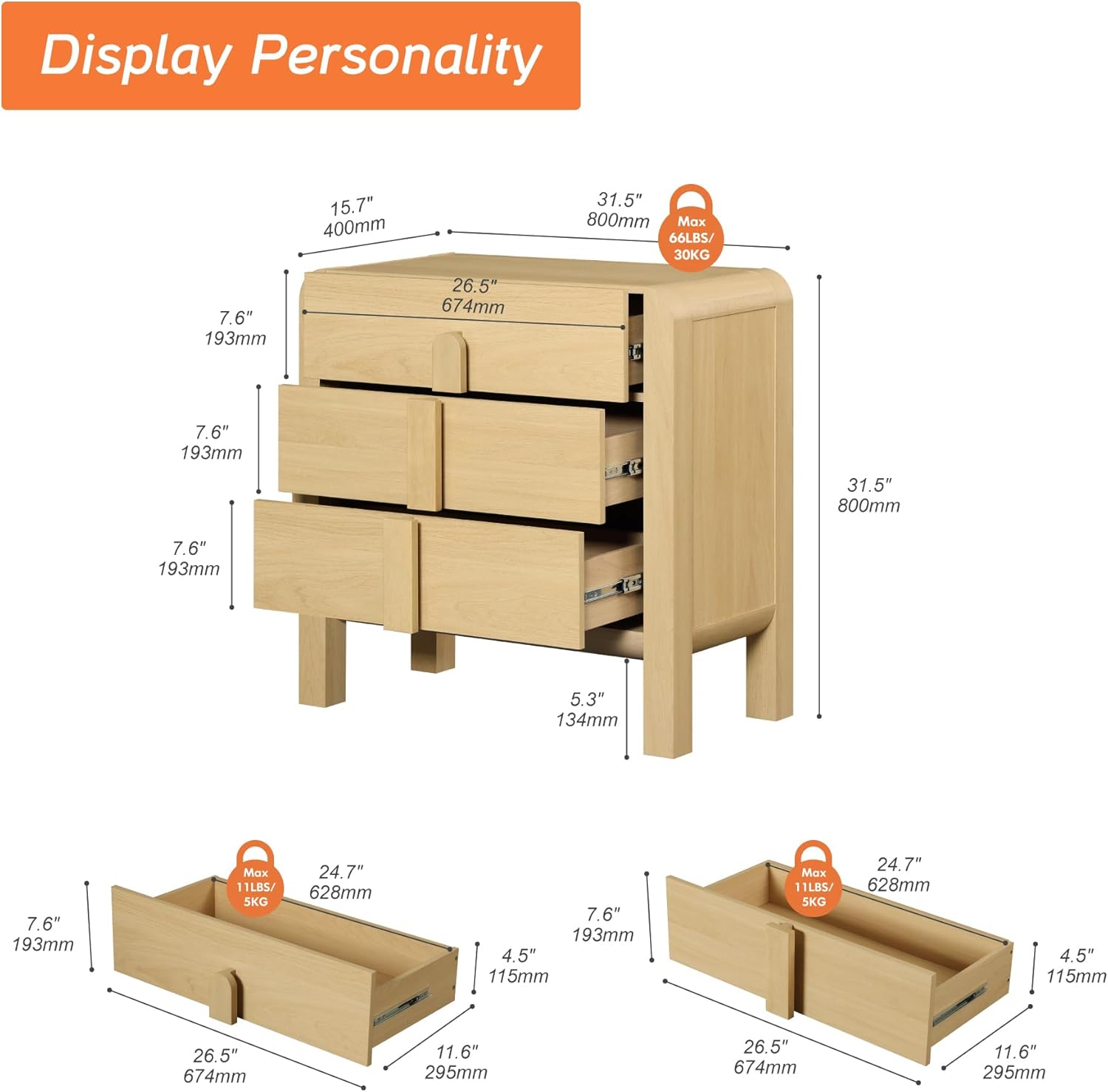 WAMPAT Oak Dresser for Bedroom with 3 Drawers, 31.5" Wide Small Wood Dresser, Mid Century Modern Chest of Drawers, Closet Dresser Storage Cabinet TV Stand for Bedroom, Nursery,Living Room