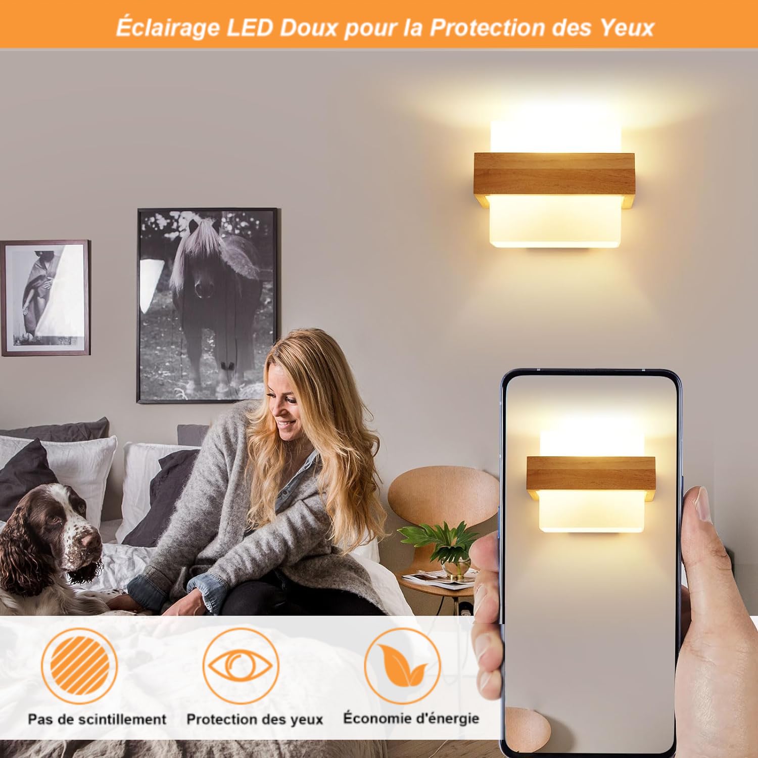 Toolight Applique Murale 12W Dimmable Bois Verre E27 Salon Chambre