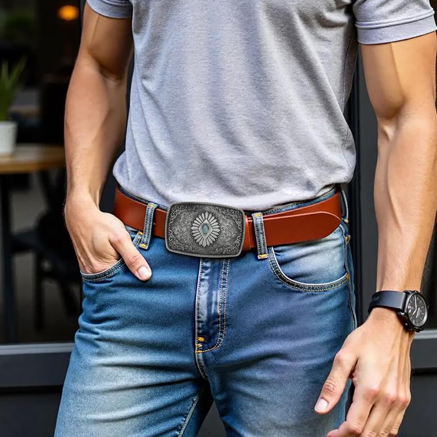 Western Denim Oval Belt Buckle with Silver Smooth Buckle, Gem pattern alloy vintage turquoise belt buckle for men women - Image 5