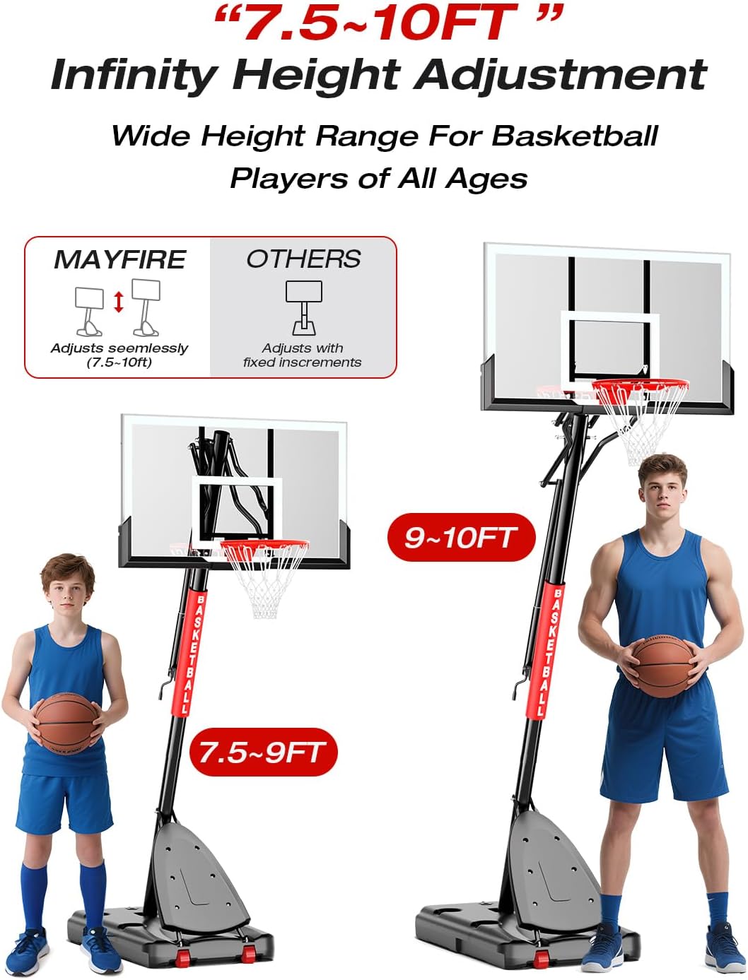 Basketball Hoop Outdoor 10 FT Height Adjustable, Portable Basketball Goals Systems with 45" Backboard for Youth Adults Kids - Backyard, Driveway, Indoor Play