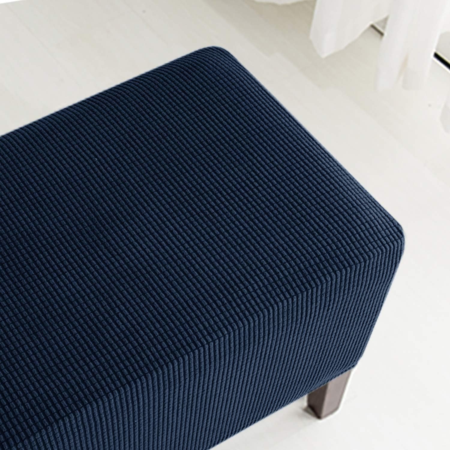 Stretch Woven Check Pattern Jacquard Storage Ottoman Footrest Slipcovers Protector Removable Rectangle Footstool Sofa Slip Cover for Foot Rest Stool Furniture Protector for Children Dog Cat (Navy)
