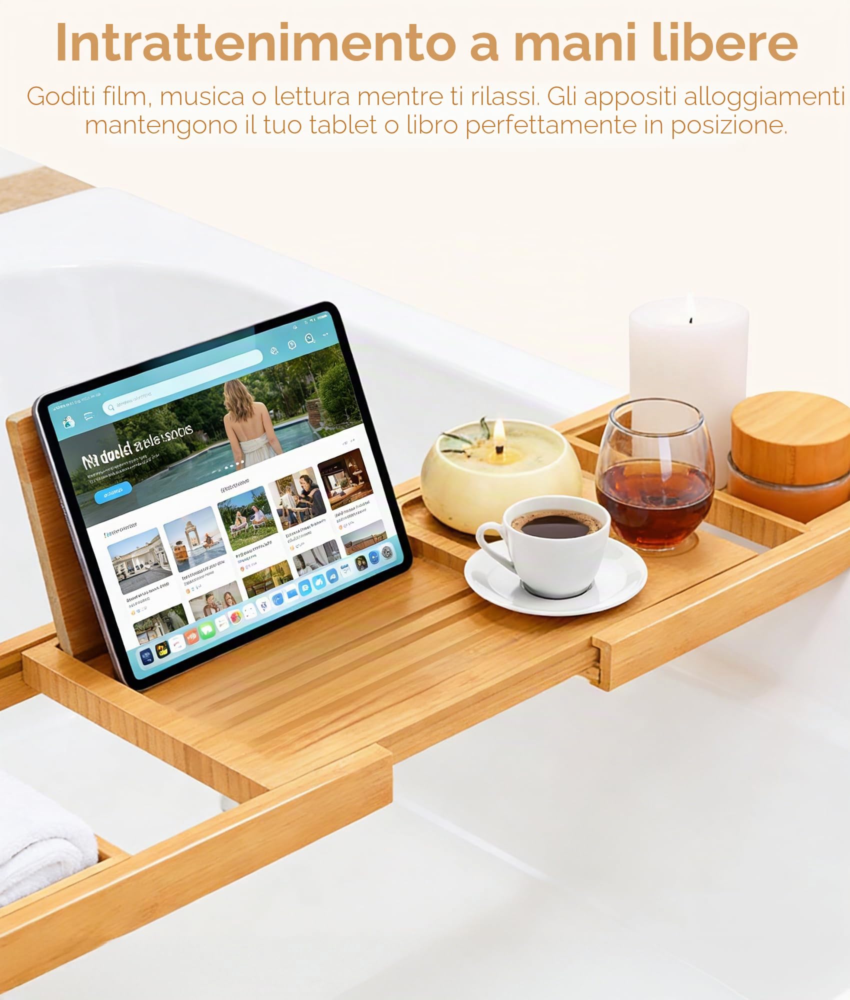 ADOV Vassoio da bagno estensibile in legno di bambù con supporto integrato per libri, telefono, tablet, candele, sapone, asciugamani, bicchieri da vino, regolabile, adatto alla maggior parte delle