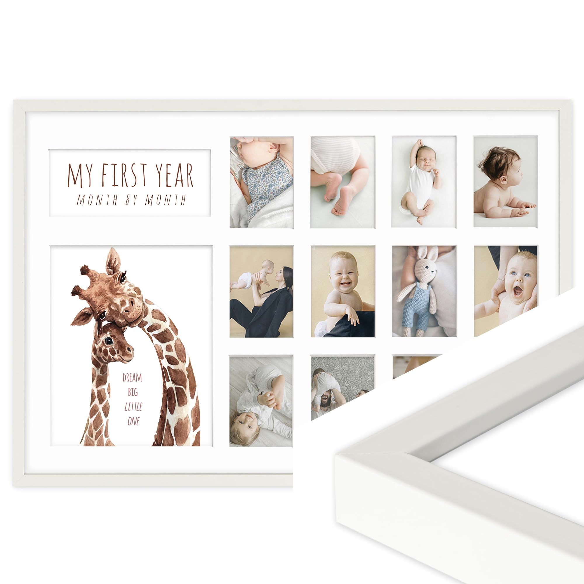 FRAMAI® Bilderrahmen Das Erste Jahr, Monat für Monat Fotocollage, 40x60 cm, Rechteckig, Modern Rustikaler Stil, Giraffen-Design, Kinderzimmer Deko mit Passepartout Weiß