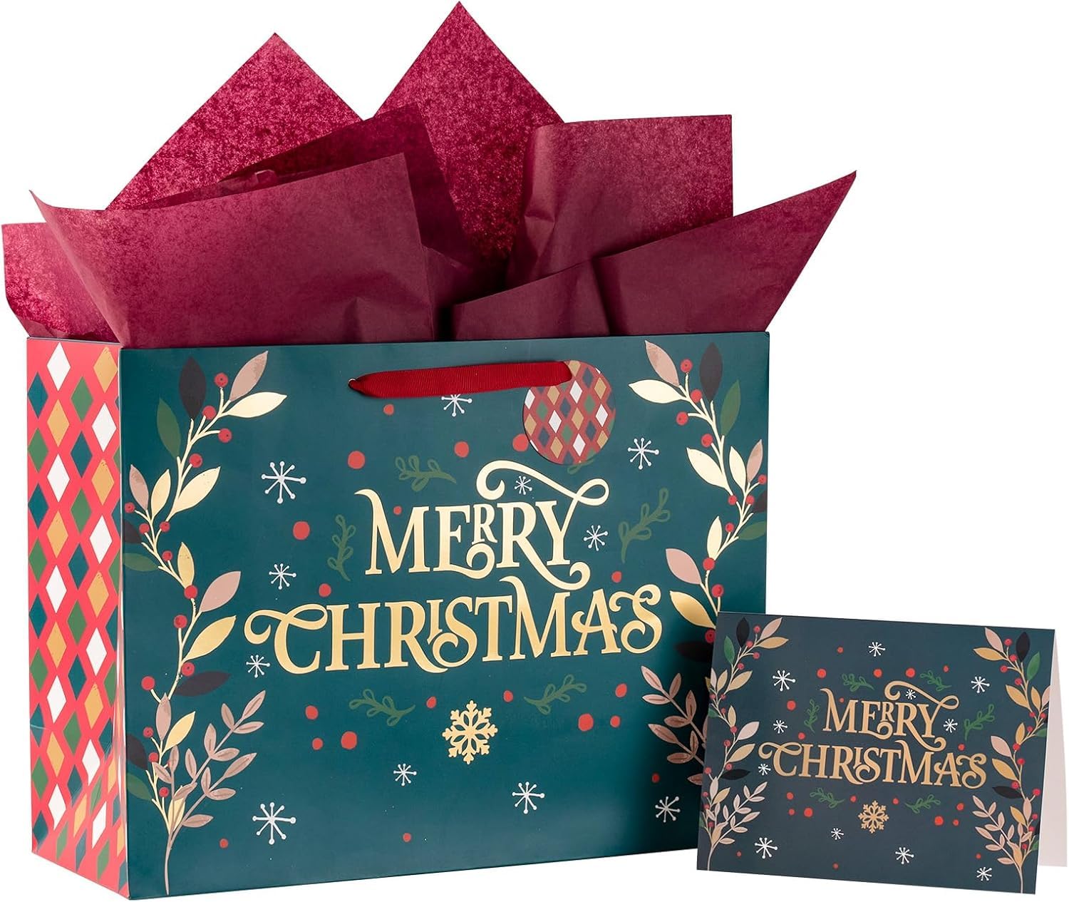 LATERN 4Pcs Large Christmas Bags Gift Bags with Greeting Card, 40CM x 30CM x 15CM Kraft Paper Bag Christmas Theme Goody Bag with Gift Tag and Tissue Paper for Holiday Xmas Gift Packaging