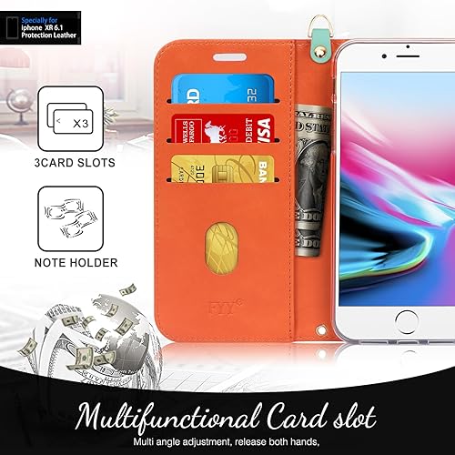 Miniatura 3 de FYY - Funda de lujo de piel sintética para iPhone Xr (6.1") 2018, función de atril, con ranuras para tarjetas y bolsillos para notas, para Apple