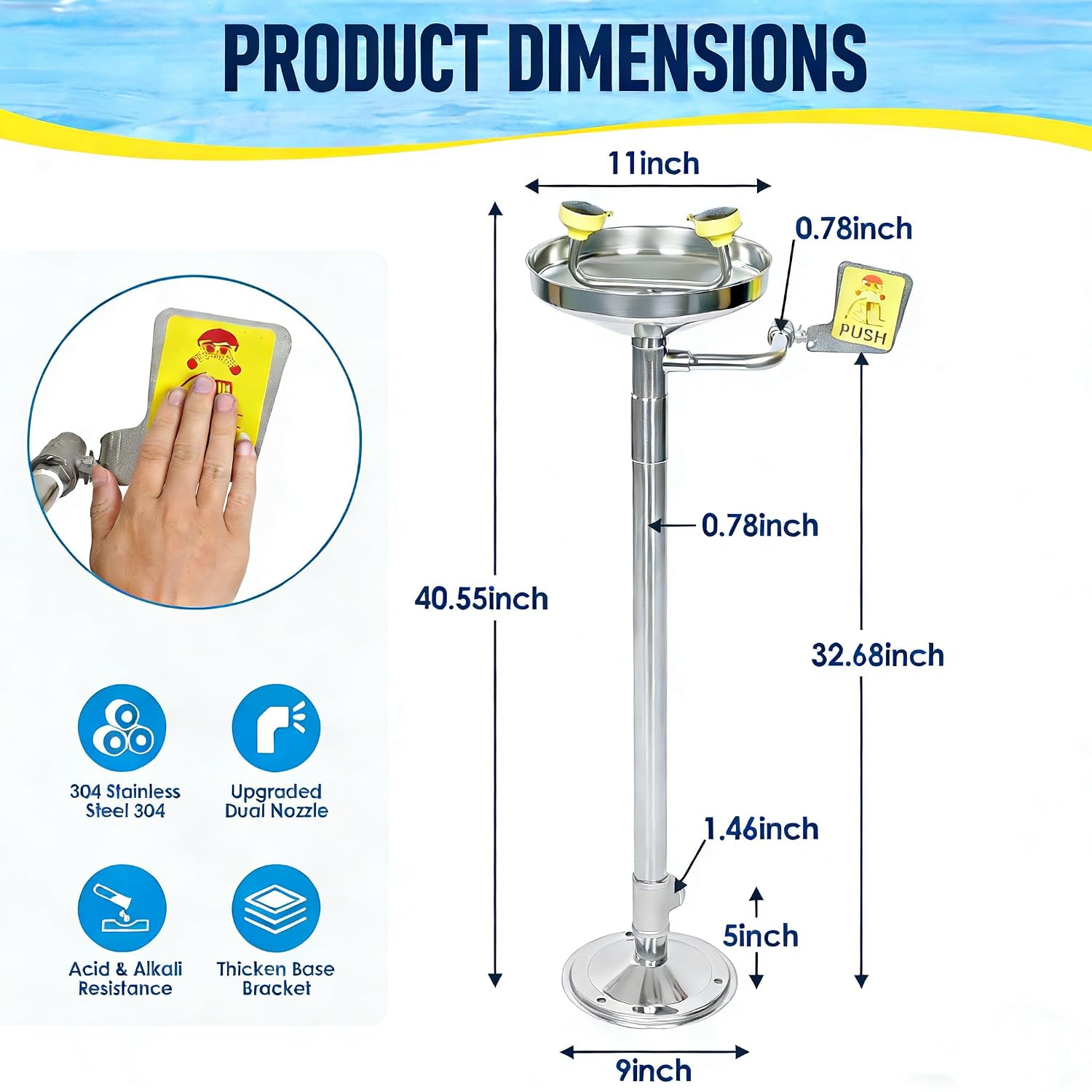 lukar Stand Up Eye Wash Station, Floor Mounted Eyewash Station, 304 Stainless Steel Eye Washing Station, Adjustable Water Flow Eye Wash Units with Dual Spray Head and Eye Wash Sign, NPT Threaded