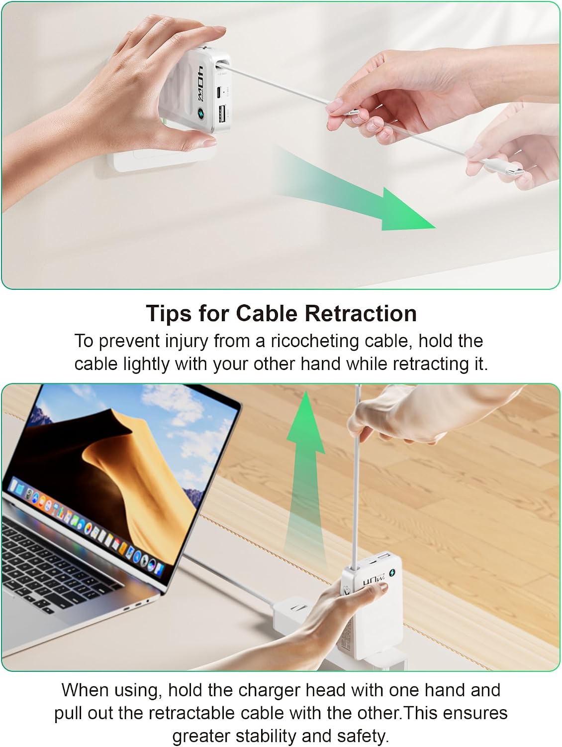 Retractable USB C Charger Block,40W PD Fast Charging Blocks with Retractable Type C Cable and Dual Port Travel Charger,USB Chargers with Foldable Plug for iPhone 16/15,Galaxy,Pixel-White