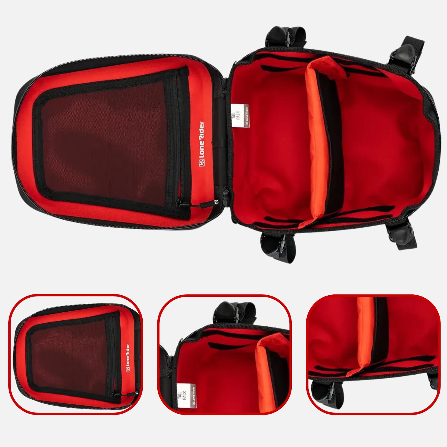 Lone Rider Bolsa de Sillín Moto 8L - Impermeable, Semirrígida | Paneles MOLLE, sistema de correas seguro & interior acolchado. Se adapta a asientos, parrillas, maletas & alforjas.